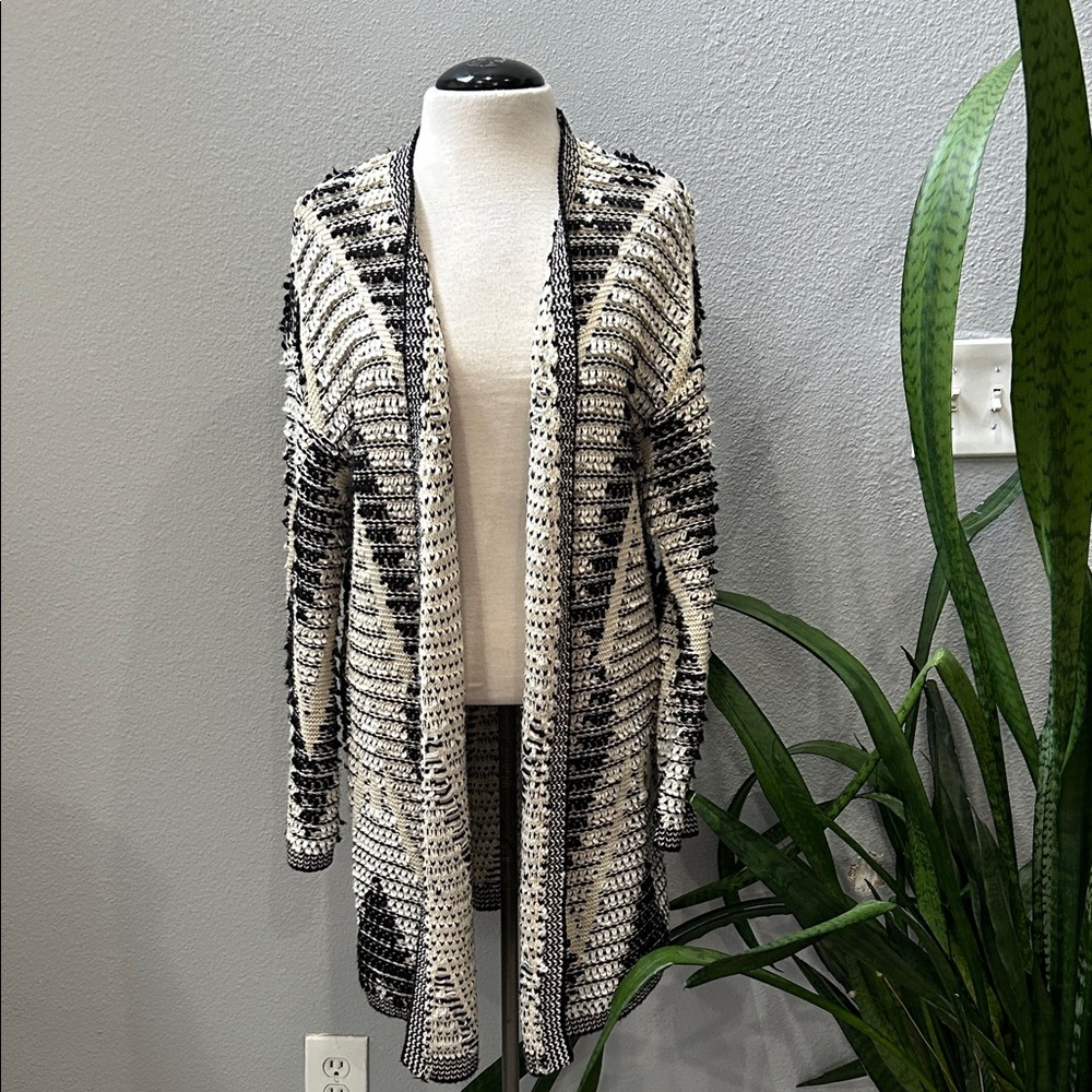 Lucky Brand Black and Cream Long Cardigan Sweater L